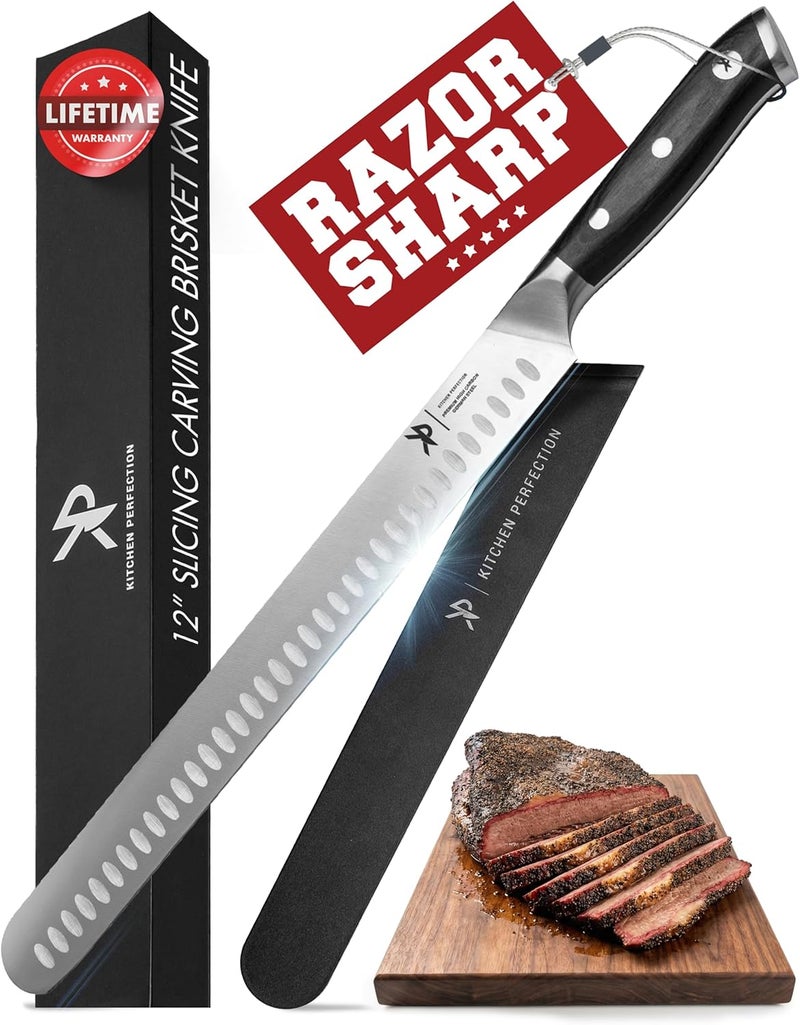 Kitchen perfection 12” Brisket Knife for Carving & Slicing Meat - Ultra Sharp Premium German Steel Granton Edge with Sheath, Full Tang Ergonomic Handle.For BBQ, Turkey & Ribs- Grilling Gifts for Men - Image 1